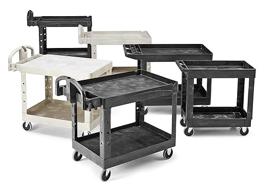 Rubbermaid Commercial Products 2-Shelf Utility/Service Cart, Small, Lipped Shelves, Ergonomic Handle, 500 lbs. Capacity, for Warehouse/Garage/Cleaning/Manufacturing