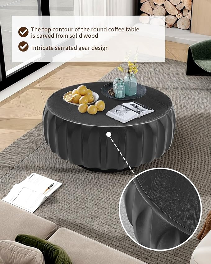 31.5" Drum Coffee Table Modern Unique Fluted Tea Table Contemporary Wood Round Coffee Table with Fluted Centry Table for Living Room Black