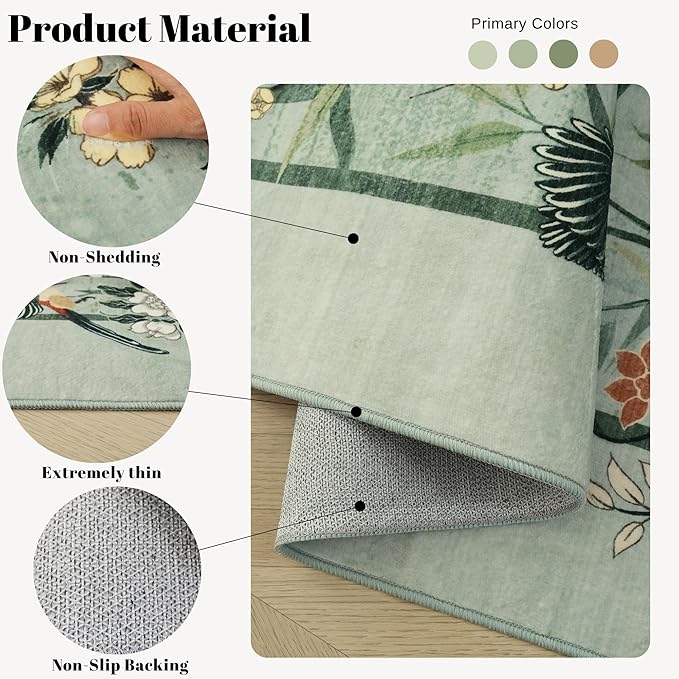 4x6 Rug Chinoiserie-Style Floral Vintage Washable Area Rugs Non Slip Low Pile Small Carpet for Bedroom, Bedside, Kids Room, Office, Dining Room, Green