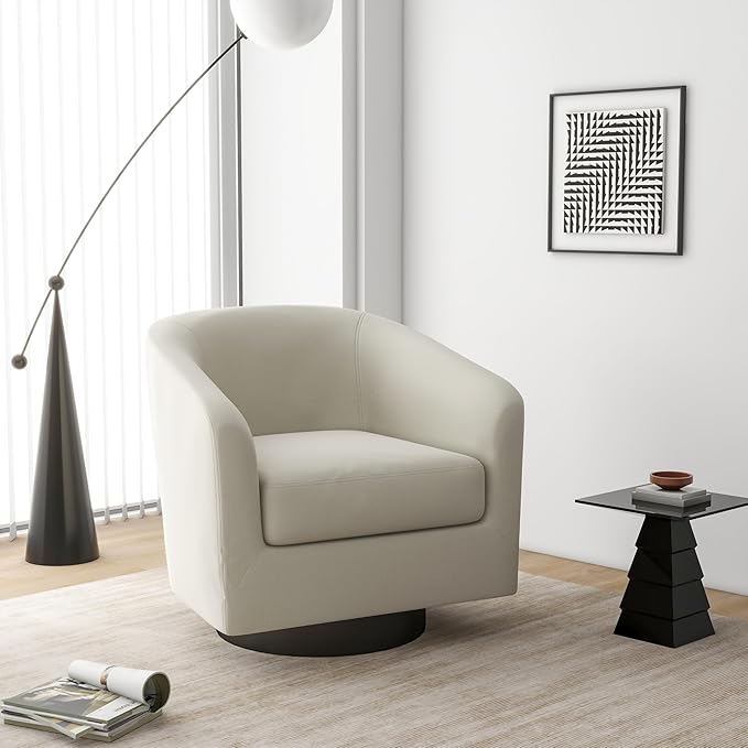 Swivel Barrel Accent Chair, Modern Round Linen Arm Chair for Living Room, Bedroom, Comfy Club Reading Chairs for Adults（Linen Fabric, Beige, Set of 2