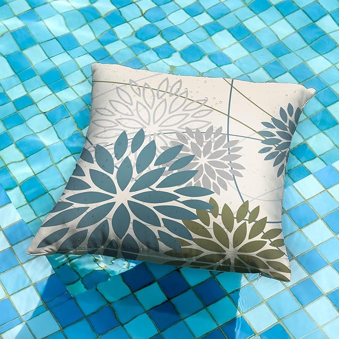 Blue Army Green Outdoor Pillow Covers Set of 2 18X18 Inch Teal Floral Elegant Polyester Flower Pillow Case Outdoor Waterproof Decor for Patio Funiture Garden Linen Cushion Covers 01C18