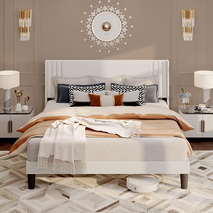 Gizoon Queen Bed Frame with Wingback Headboard, Upholstered Platform Bed with Modern Geometric Headboard, Wooden Slats, Noise-Free, No Box Spring Needed