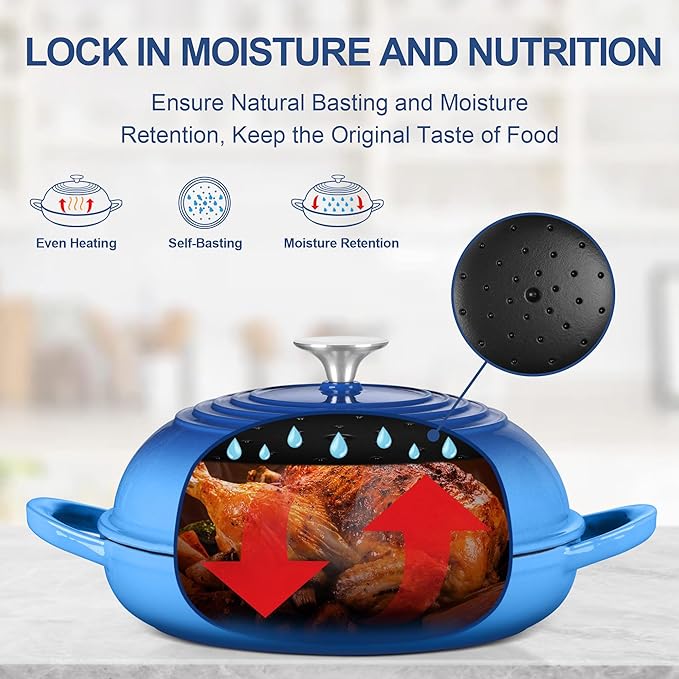 TeamFar Cast Iron Bread Dutch Oven, 6 Qt Enameled Dutch Oven Pot for Sourdough Bread Baking, with Tall Dome Lid & Round Base Pan, Self-Basting & Even-Heating, Heavy-Duty & Non-stick, Blue