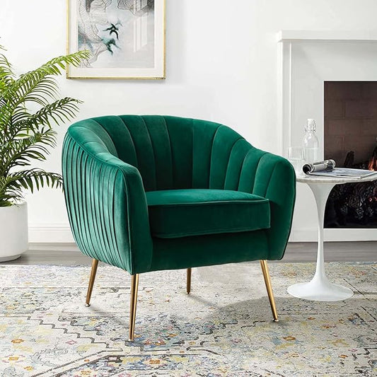 Velvet Accent Chair, Modern Barrel Arm Chair, Living Room Bedroom Chair, Golden Finished, Christmas Green