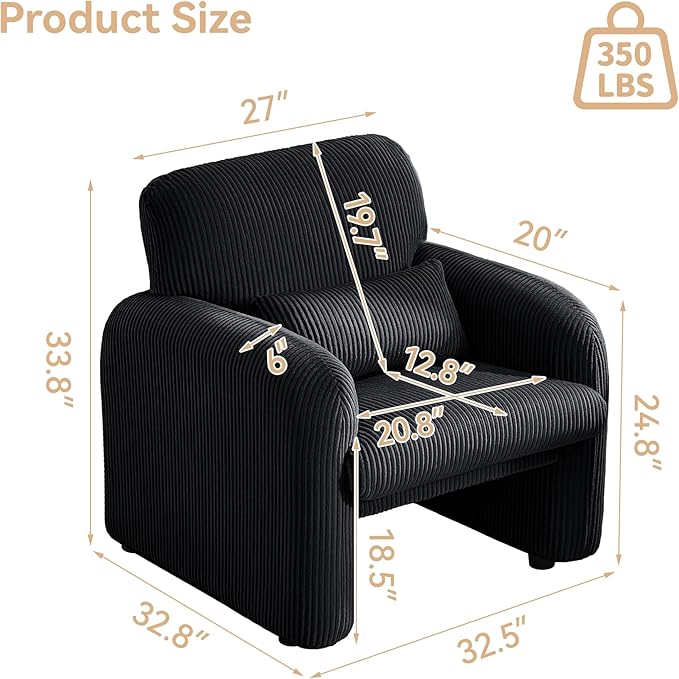 Corduroy Fabric Accent Chairs Set of 2, Modern Upholstered Living Room Chairs with Lumbar Pillow, Wide Comfy Leisure Armchair for Bedroom, Office, Reading, Black