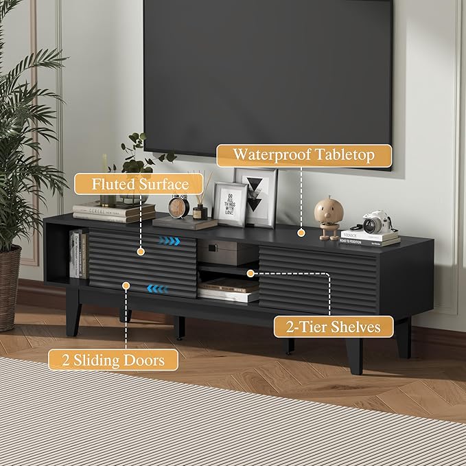 Wooden Fluted TV Stand for 55 65 70 inch TV, Long & Large TV Media Console Table with Storage Cabinets, Boho Farmhouse Entertainment Center for Living Room, Bedroom - Black