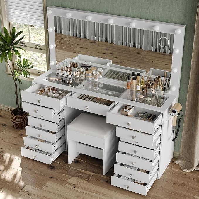 55" W Vanity Desk, Makeup Vanity with Charging Station, 15 Drawers with Lighted Mirror, 3 Lighting Modes, Brightness Adjustable, Glass Top, Vanity Table with Chair for Bedroom, White