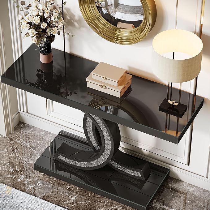 39-inch Mirrored Console Table, Modern Black Entryway Table with Sparkling Crystal Inlays, Glass Sofa Table with Mirror Finish for Entrance, Living Room