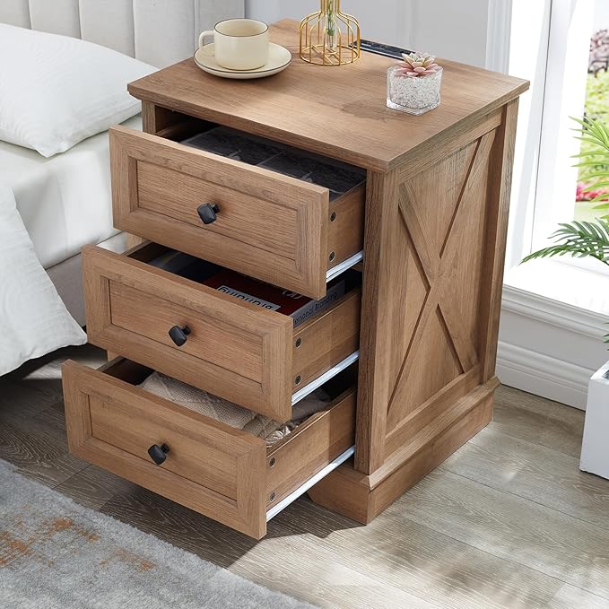 Farmhouse 3 Drawers Dresser for Bedroom, Rustic Small Chest of Drawers with Charging Station, Wood Closet Organizers, Modern Tall Nightstand/End Table for Bedroom, Living Room, Entryway, Natural Oak