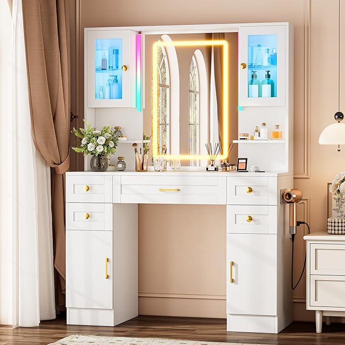 KAMABOKO Vanity Desk with Mirror & RGB Lights & Power Outlet, Large Makeup Vanity Table with 5 Drawers and 4 Storage Cabinets, Dressing Table for Bedroom Dressing Room (White)