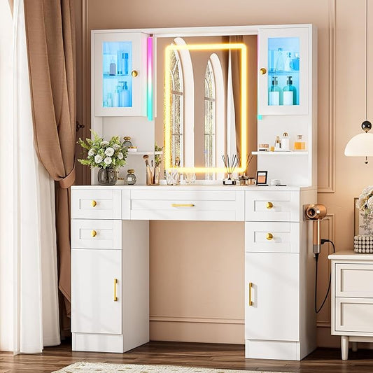 KAMABOKO Vanity Desk with Mirror & RGB Lights & Power Outlet, Large Makeup Vanity Table with 5 Drawers and 4 Storage Cabinets, Dressing Table for Bedroom Dressing Room (White)
