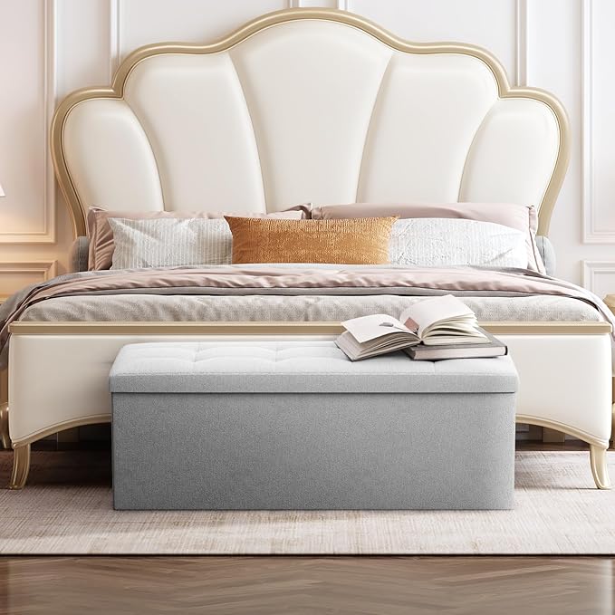 Storage Ottoman Bench, 43 Inch Ottoman Foot Rest, End of Bed Bench, Storage Chest, Load 700 lb, for Living Room, Bedroom, Entryway, Light Gray