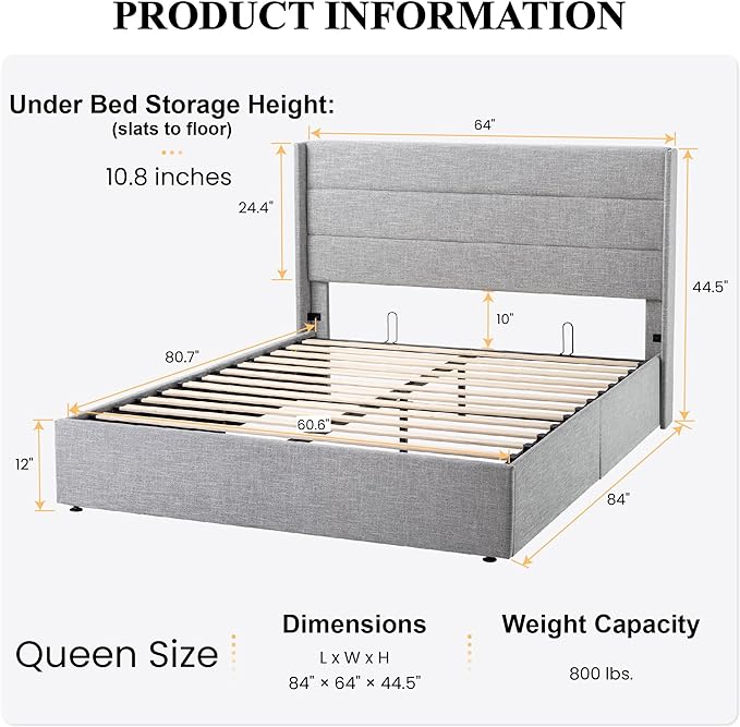 SHA CERLIN Queen Size Lift Up Storage Bed/Modern Wingback Headboard/Upholstered Platform Bed Frame/Hydraulic Storage/No Box Spring Needed/Wood Slats Support/Light Grey