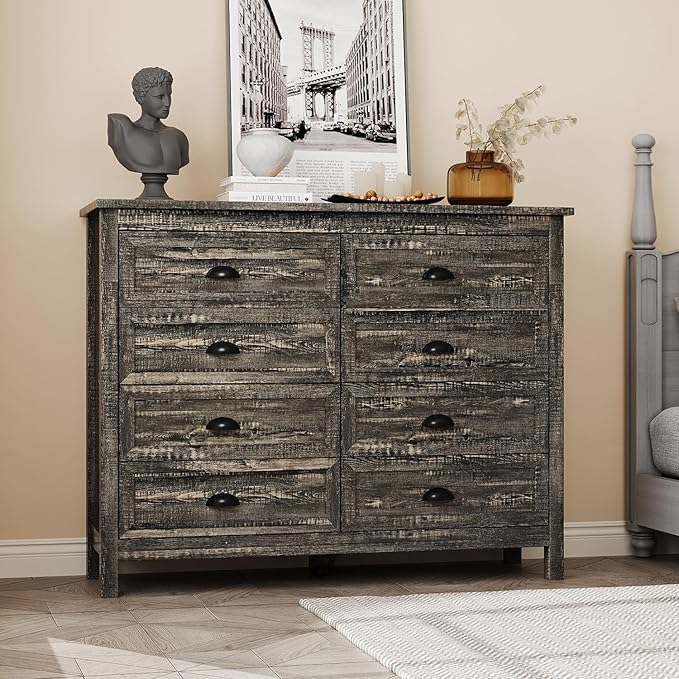 Rustic 8 Drawer Dresser for Bedroom, Modern Farmhouse Wood Dresser with Vintage Black Antique Handle, Double Chest of Drawers for Hallway, Antique Black