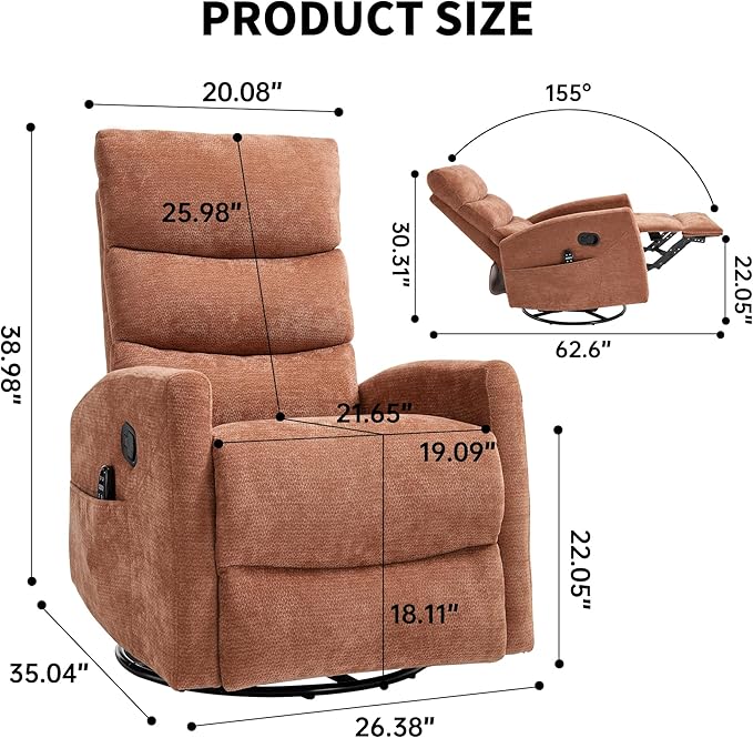 PELUMY Massage Recliner Chair with Heat - Manual Rocker Swivel Recliner, 360° Rotation & 155° Recline for Living Room（Linen Fabric, Orange）