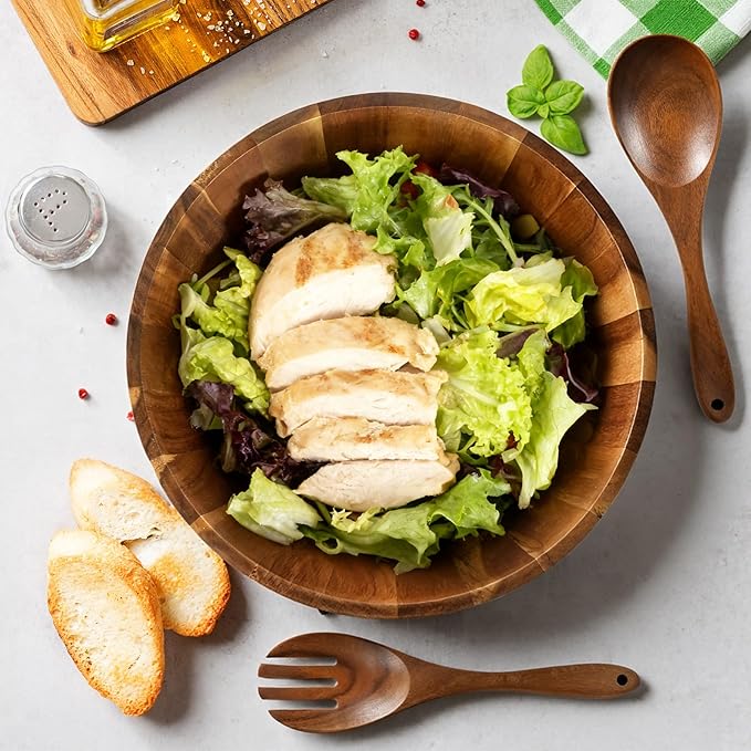 Wooden Salad Bowl Set 11.8 Inch – Acacia Large Wood Salad Bowl with Wooden Serving Utensils, Big Salad Bowls for Fruits, Food Serving & Hosting Family Gatherings