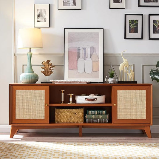 T4TREAM Rattan TV Stand for 75 Inch TV - Mid Century Modern Entertainment Center for Living Room, Large Boho Media TV Console with Storage Shelves, Cherry