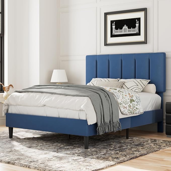 VECELO Queen Bed Frame with Upholstered Headboard, Heavy-Duty Platform Bedframe with Strong Wooden Slats Support, No Boxing Spring Needed, Dark Blue