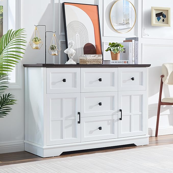 5+2 White Dresser for Bedroom, Chest of Drawers for Bedroom with Wooden Drawers and Cross Doors, Wood Dressers Storage TV Stand for Bedroom, Living Room