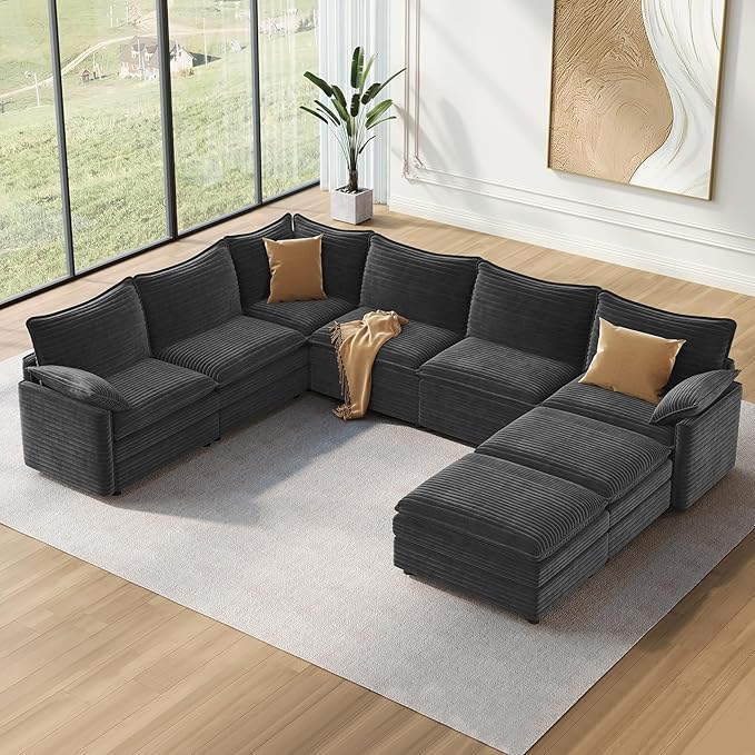 Vesgantti Large Modular Sectional Sofa, Big Comfy Cloud Couch with Ottoman Deep Seat Corduroy Cloud Sofa, 8 Seater Large Sectional Couches for Living Room, Bedroom and Apartment, Gray