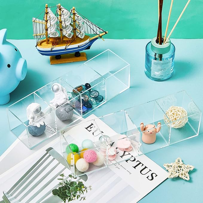 Epakh 2 Pieces 4 Compartment Acrylic Cube Organizer 4 Section Clear Acrylic Pencil Holder Small Drawer Organizer for Makeup Brush Crayon Desk Home Office Back to School Supplies