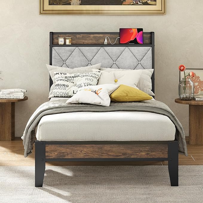 Sweetcrispy Twin Bed Frame with Headboard,Spacious Underbed Storage,Integrated Charging Station,Durable Squeak-Free Frame,Simple No-Tool Assembly,Works with Twin Mattress No Box Spring Required