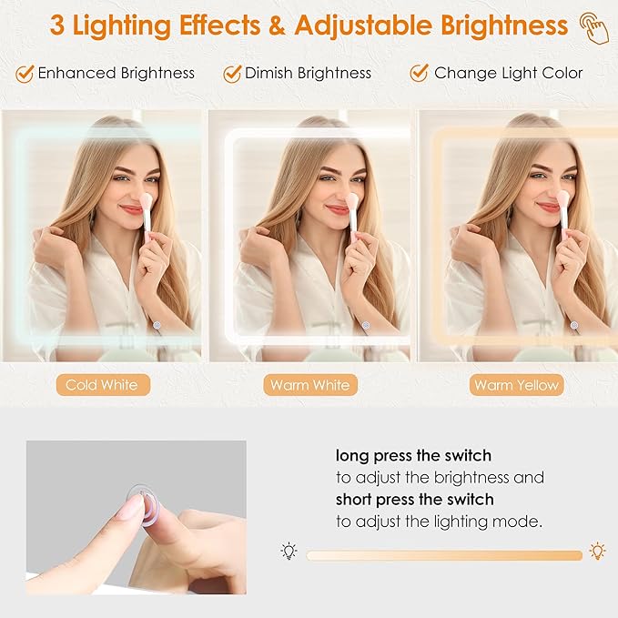 BEWISHOME Makeup Vanity Desk with Mirror and Lights,White Vanity Table with Glass Top,Makeup Desk with Power Outlet,5 Drawers,3 Lighting Modes,Stool,Nightstand,Dressing Table for Bedroom Girls FST29W