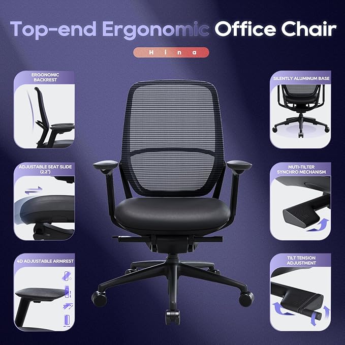 Ergonomic Office Chair Without Headrest, Genuine Leather Seat, Adjustable Seat Depth, 4D Armrests, Aluminum Alloy Base, Mesh Back, High-End Executive Desk Chair Black (Obsidian Black)