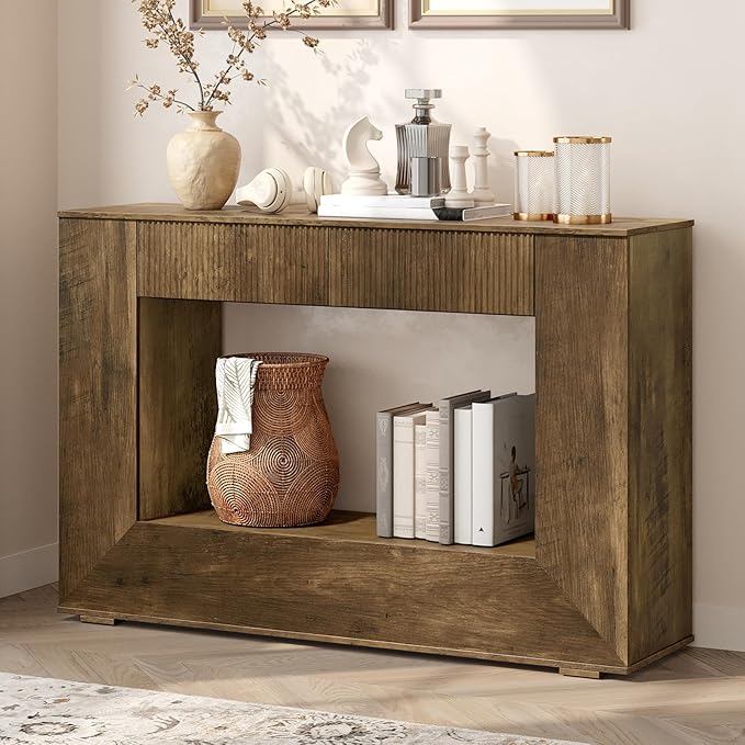 Farmhouse Console Table, 47 Inches Wooden Entryway Table with Storage, Fluted Sofa Table with 2 Handle-Less Drawers, for Entryway, Living Room, Foyer, Hallway, Dark Brown
