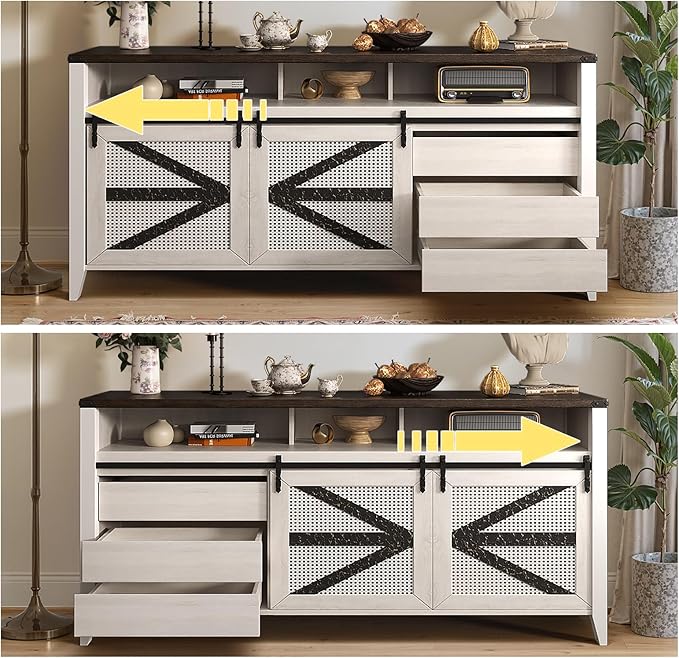 VFK 70 Inch TV Stand for TVs up to 70", Rustic Farmhouse Media Console with Sliding Barn Doors, 6 Drawers, Entertainment Center for Living Room