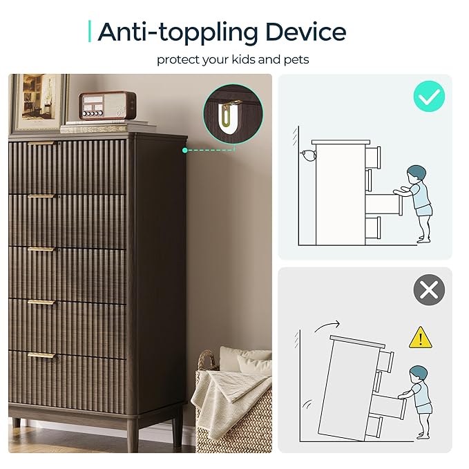 LINSY HOME Fluted Dresser for Bedroom with 5 Drawers, 46" Tall Chest of Drawers, Mid Century Modern Dresser with Metal Handle, Wood Closet Storage Cabinet for Living Room, Hallway, Walnut