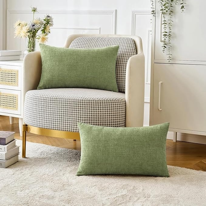 MIULEE Pack of 2 Couch Throw Pillow Covers 14x22 Inch Spring Soft Sage Green Chenille Pillow Covers for Sofa Living Room Solid Dyed Pillow Cases