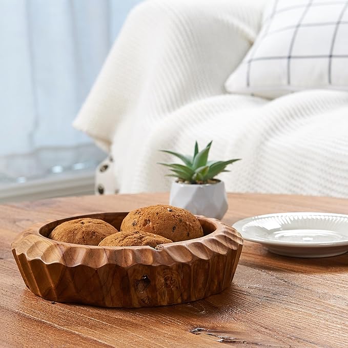 Teak Handcrafted Wooden Bowls Natural Wood Round Utility Bowl 7.9" W Handmade Rustic Serving Platter Fruit Snack Holder for Entry Table Vintage Artworks Dining Room Home Décor