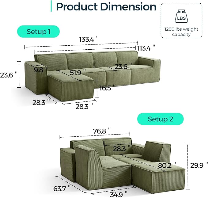 LINSY HOME Modular Sectional Sofa, 134" Boneless Couch L Shaped 4-Seat Sofa with Movable Ottoman, Corduroy Sectional Cloud Couches for Living Room, No Assembly Required, Green
