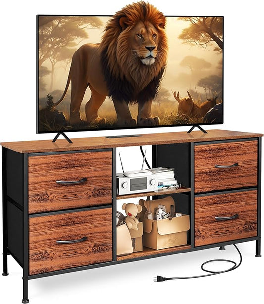 TV Stand for Bedroom, Television Stand for TV up to 46 Inch Entertainment Center Dresser with 4 Drawers Open Storage Shelves for Living Room, Entryway (Brown and Rustic Brown)