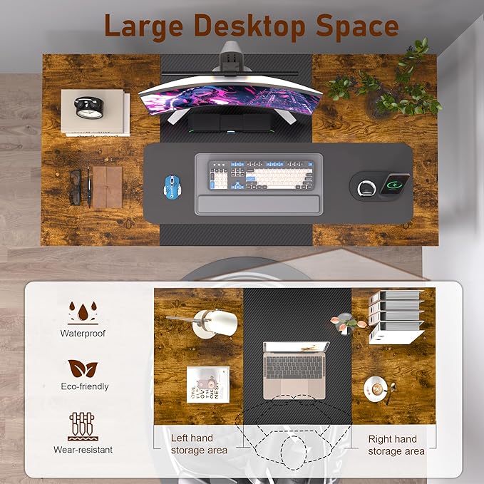 47inch Computer Desk with Deeper Carbon Fiber Desktop, Gaming Office Desk with Sturdy Metal Frame,Home Office Desk for Gaming, Working, Studying, Rustic Brown