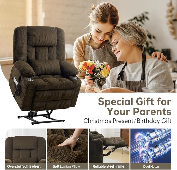 Large Dual Motor Lay Flat Power Lift Recliner Chair, Massage Recliner with Heat for Living Room, Lumbar Pillow, USB & Type-C Ports, Oversized Recliner for Elderly & Big People - Brown