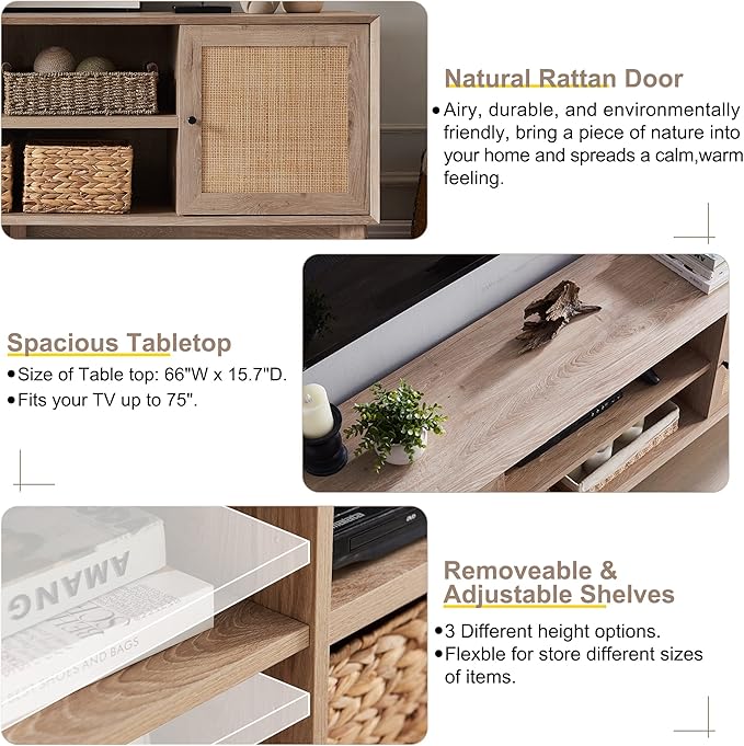 OKD TV Stand for 75+ Inch TV, Mid Century Modern Entertainment Center with Natural Rattan Door, Storage Shelves, Large Boho Media TV Console, Long Television Stand for Living Room, Oak