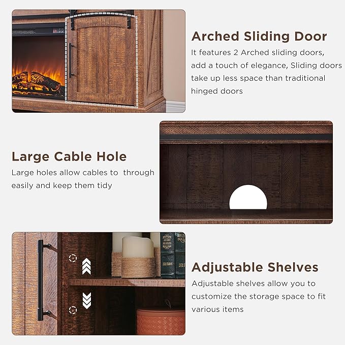 OKD Farmhouse Fireplace TV Stand for 70 Inch TV, 33" Tall Highboy Entertainment Center with 23" Electric Fireplace, Rustic Media Console w/Sliding Arched Door for Living Room,Reclaimed Barnwood