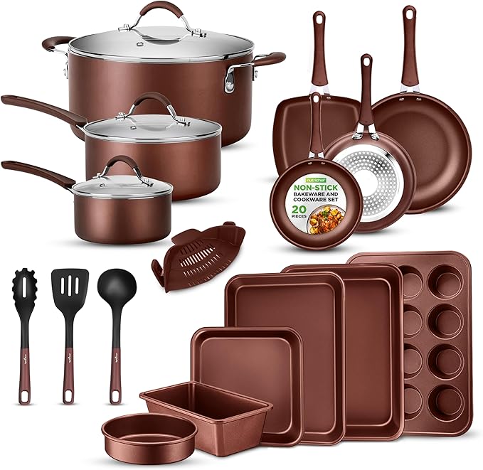 20-Piece Nonstick Kitchen Cookware Set - PTFE/PFOA/PFOS-Free Heat Resistant Silicone Handles Cookware Bakeware Pan Set w/Saucepan, Frying Pans, Cooking Pots, Oven Pot, Lids, Utensil, Brown- NCCW20SBR