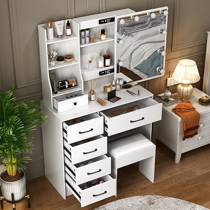 Vanity Desk with Sliding Mirror and Lights, Makeup Vanity Table Set with Chair and 6 Drawers, Small White Makeup Vanity with HD Mirror, 3 Lighting Modes Makeup Desk for Bedroom Women
