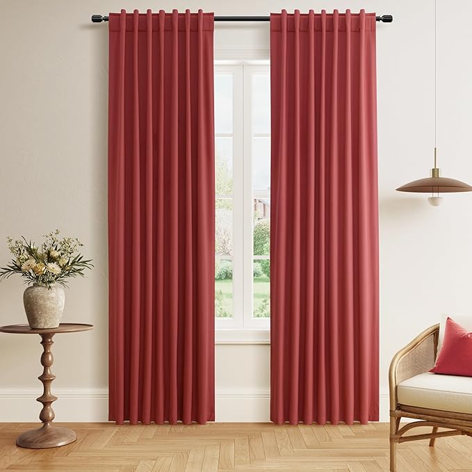 Guken Red Blackout Curtains 90 Inch Length 2 Panels Set for Living Room Bedroom Back Tab Thermal Insulated 100% Black Out Linen Drapes Room Darkening Window Curtains 90 Inches Long