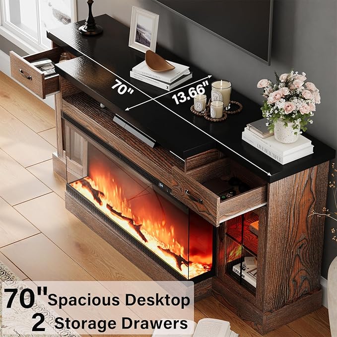 Electric Fireplace TV Stand with Fireplace, 70" Farmhouse Fireplace Entertainment Center with Storage Cabinets,TV Console for TVs Up to 80", TV Stands for Living Room,Brown