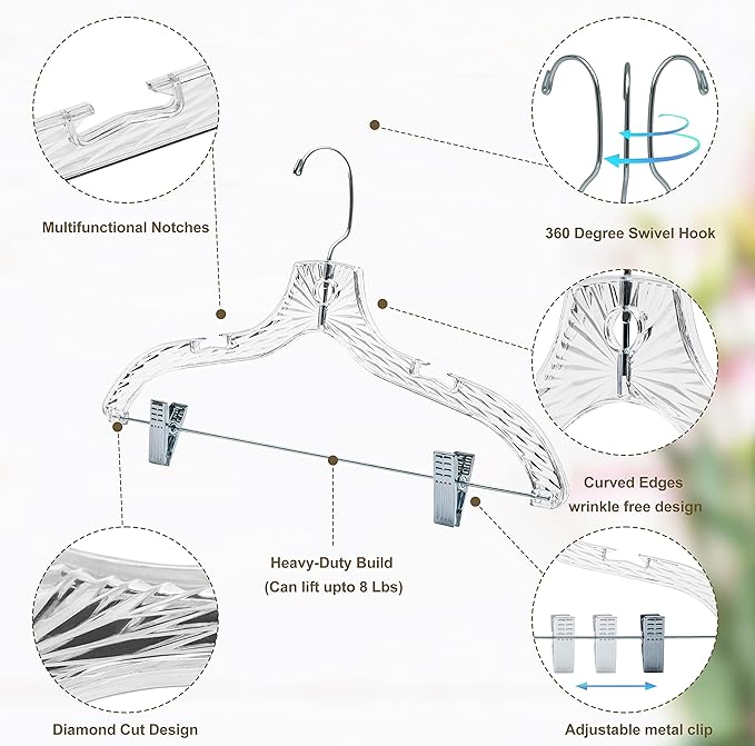 Quality Clear Plastic Skirt Hangers - 12 Pack Crystal Cut for Skirt, Pant, Dress, Suit, Coat Hangers Heavy Duty & Nonslip Design Asujtable Clips, Swival Hook, 17" inch (12, Crystal Skirt)