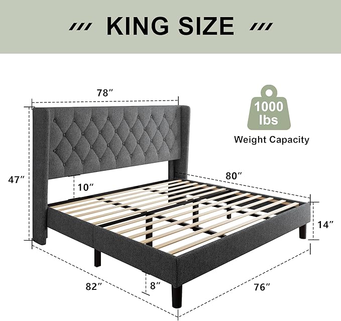 Feonase King Size Bed Frame with Wingback Tufted Headboard, Upholstered Platform Bed Frame with Heavy Duty Wooden Slats Support, Noise-Free, No Box Spring Needed, Easy Assembly, Dark Grey
