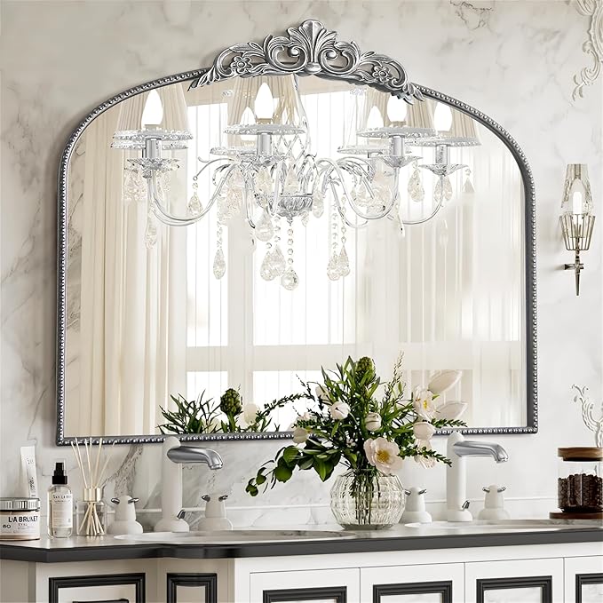 Micasso Antique Silver Wall Mirror, 40"x30" Metral Framed Arch Baroque Ornate Mantel Mirror for Bathroom, Entryway, Living Room