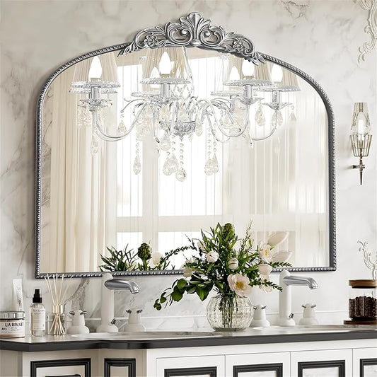 Micasso Antique Silver Wall Mirror, 40"x30" Metral Framed Arch Baroque Ornate Mantel Mirror for Bathroom, Entryway, Living Room