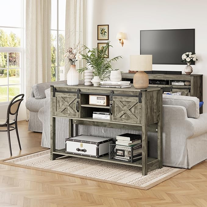 Console Table with Storage Shelf & Sliding Barn Door, Farmhouse Entryway Table with Storage, 46" Narrow Long Sofa, Behind Couch, Console Tables for Living Room (Light Grey)