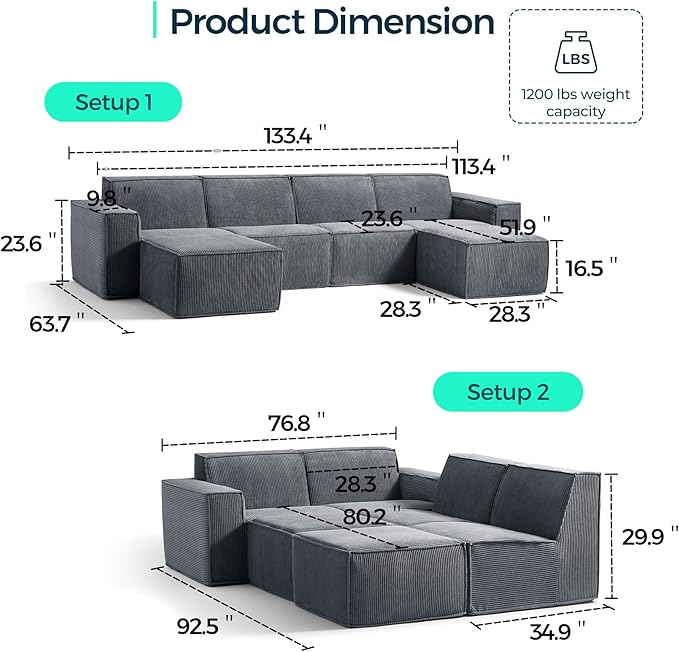 LINSY HOME Modular Sectional Sofa, 134" Boneless Couch U Shaped 4-Seat Sofa with 2 Movable Ottomans, Corduroy Sectional Cloud Couches for Living Room, No Assembly Required, Bluish Grey