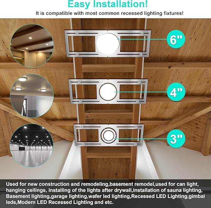 New Construction Mounting Plate, 3-4-6 Inch, LED Recessed Lighting Housing Kits for remodeling, Basement remodeling, Hanging Ceiling and LED Lighting, Shallow Recessed Lighting Housing Plate,40PC